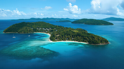 Fototapeta premium Serene tropical island paradise idyllic turquoise waters lush green foliage tranquil atmosphere aerial view