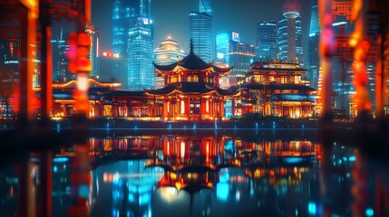 Gleaming Cityscape Reflected in Water Digital Painting Futuristic Style. AI Generated