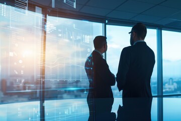 Fototapeta premium Two business professionals stand in an office, silhouetted against a panoramic window, discussing data and technology trends.