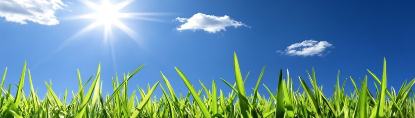 Obraz premium Radiant sun illuminates vibrant green grass under a clear blue sky, serene summer landscape