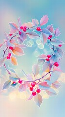 Fototapeta premium Festive holly frame with red berries on soft pastel background