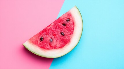 Vibrant watermelon slice, a summer delight on blue and pink background juicy