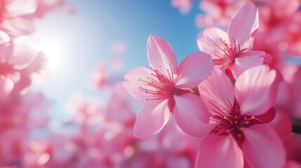 A close-up view of colorful cherry blossoms in full bloom, their delicate pink petals soft against a bright blue sky