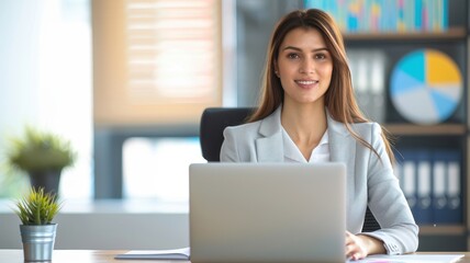 Fototapeta premium A confident woman sits at a desk with a laptop, smiling in a bright office environment filled with plants and charts.