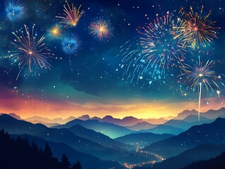New Year Fireworks With Sparkles Over Mountain Landscape 