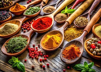 Fototapeta premium Wooden Spoons Filled with Colorful Spices - High Quality AI Photo