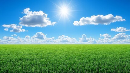 Obraz premium Radiant sun illuminates a vibrant green meadow under vast blue sky sunlit
