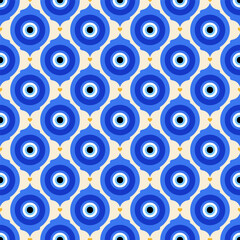 Evil eye seamless background. Turkish blue bead. Greek vector magic pattern with ethnic nazar - symbol of protection and luck. Traditional ornament with energy amulet and spiritual talisman