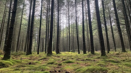 Fototapeta premium A dense pine forest with tall, slender trees stretching toward the sky
