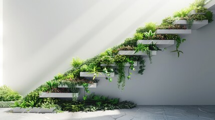 a minimalist staircase transformed into a beautiful plant gallery, with each stair step featuring a different species