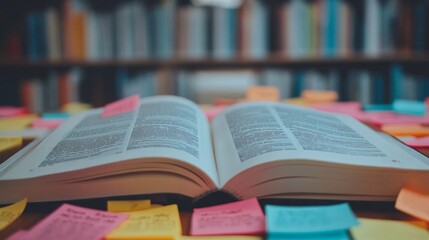Open Book Surrounded by Colorful Sticky Notes on a Library Table