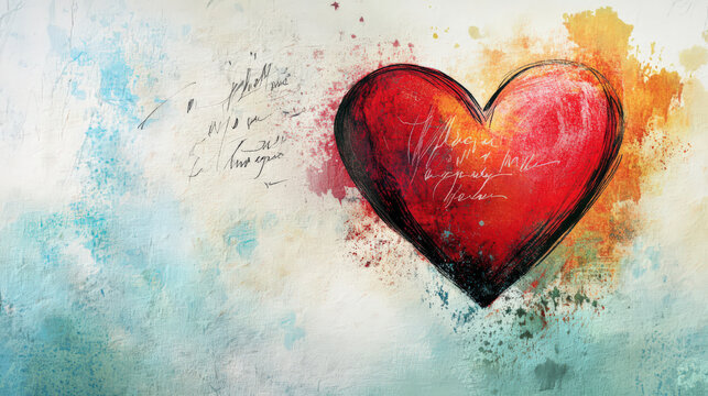 Naklejki Passionate red heart watercolor Valentine Day love romance affection art painting hand painted expressive emotional heart design abstract textured colorful vibrant romantic heartfelt grungy
