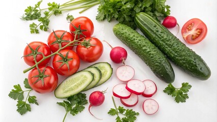 A set of healthy foods on a white background: vegetables, fruits and herbs. Dietary nutrition, vegetarianism