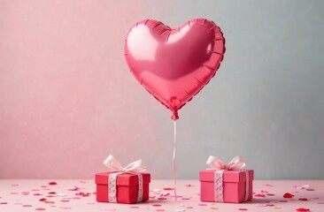 Close-up of a heart-shaped balloon, soft pastel background, surrounded by confetti, small gift boxes. Space for text