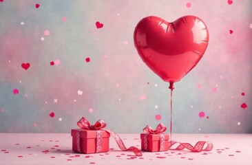 Close-up of a heart-shaped balloon, soft pastel background, surrounded by confetti, small gift boxes. Space for text