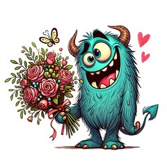 Naklejka premium Cartoon Monster in Love is a great choice for creating cards, invitations, party supplies and decorations. AI generated.