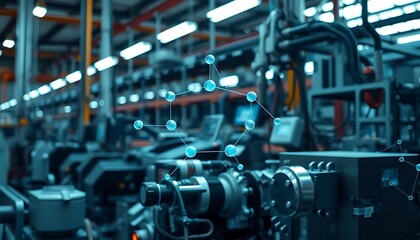 Fototapeta premium Industrial Machinery: Networked Teal Nodes in a Factory Setting