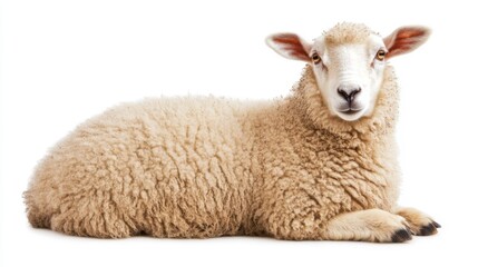 Fototapeta premium Calm Sheep with Thick Wool on White Background