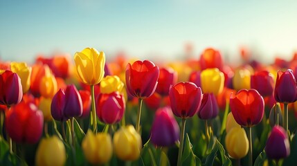 A field of tulips in full bloom, their bright red, yellow, and purple colors standing out against a bright blue sky