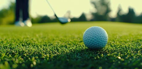Closeup of a golf ball on the grass, ready for a perfect shot, ideal for golf club promotions and sports magazine covers