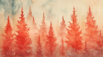 Landscape painting illustration of autumn pine trees wallpaper with cream colored background, fall season colorful tree leaves