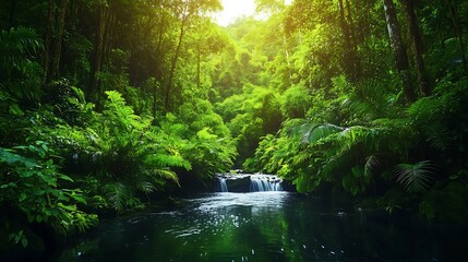 Obraz premium Lush Rainforest Waterfall at Golden Hour: Tropical Paradise Photography. AI Generated