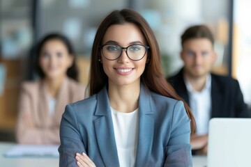 Obraz premium A confident woman in a professional setting smiles at the camera, with colleagues visible in the background, conveying teamwork and success in the workplace.