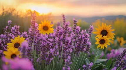 A garden of blooming lavender and sunflowers under a clear sky, with vibrant purples and yellows stretching into the horizon