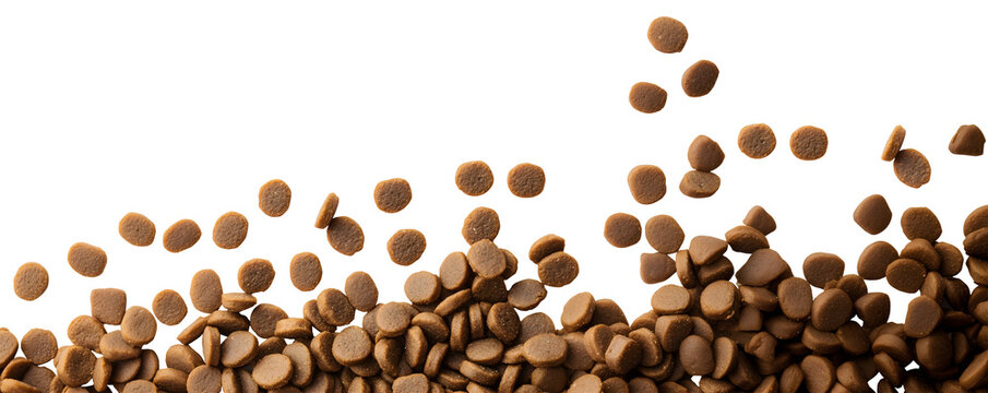 Brown animal pet, cat, dog kibble kibbles dry dried food pellet scattered flat lay composition top view on transparent background cutout, PNG file. Mockup template for artwork. Wallpaper banner border