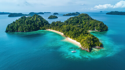 Fototapeta premium Serene tropical island idyllic paradise crystal clear waters lush vegetation white sand beach sailboat aerial view summer vacation getaway