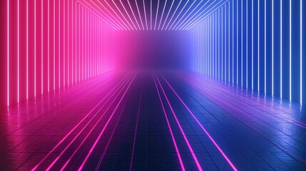 A vibrant, futuristic corridor illuminated by neon lights in pink and blue hues.