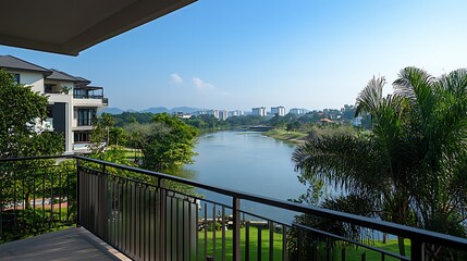 Tranquil River Glimmering from Balcony Wide Shot Photo. AI Generated
