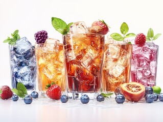 A vibrant display of colorful drinks with ice and fresh fruits.