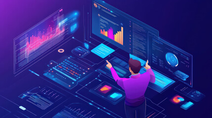 Focused man analyzing data futuristic interface digital transformation insightful progress technology innovation data visualization charts graphs screen computer network internet information