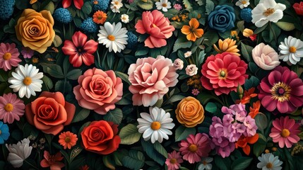 A lush garden filled with vibrant flowers in full bloom, with roses, tulips, and daisies in various colors