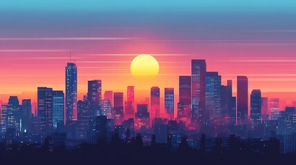 Synthwave Sunset over a Vibrant City Skyline: Digital Illustration. AI Generated