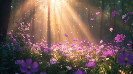 A magical forest clearing with blooming flowers in shades of violet, pink, and white, with rays of soft golden light filtering through the trees