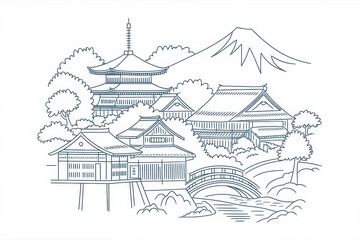 Japanese Temple Complex Scenic Mountain View