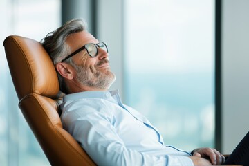 A relaxed man with glasses smiles while reclining in a modern office chair, enjoying a moment of tranquility against a city skyline backdrop.