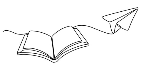 Book with flying paper airplane continuous line drawn. Education linear symbol. Vector illustration isolated on white, Single line drawing of content for school, education, study Vector illustration.