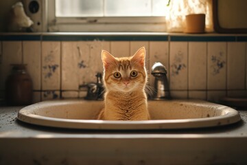 Cat in the sink A cat sitting in the sink looks like it considers it its throne.