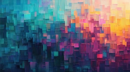 Colorful blocks form an abstract gradient background.