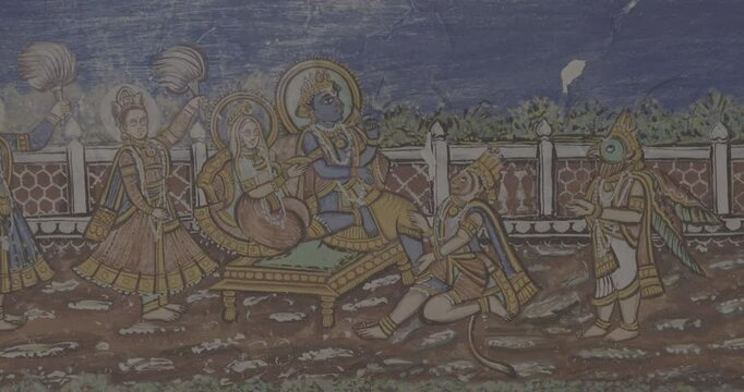 Old-painted Walls. Frescoes On Wall Of Hanuman Temple In Jaipur, India. Ungraded C LOG 2 Religious Motifs From Life Of Hanuman Are Painted. Monkey-like Deity, Son Of Wind God Vayu. Hanuman Also Known