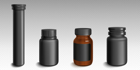 Black pharmaceutical containers of different sizes for storing medical products, vitamins, tablets.. Tall, wide and small closed cylindrical bottles and tubes with lid mockup. Realistic 3d vector set.