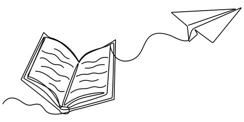 Book with flying paper airplane continuous line drawn. Education linear symbol. Vector illustration isolated on white, Single line drawing of content for school, education, study Vector illustration.