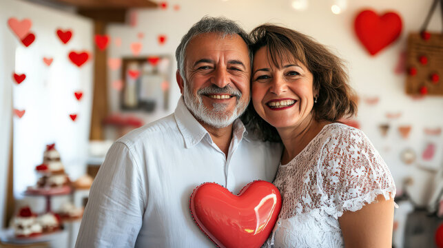 Joyful mature couple celebrating Valentine Day heart cake love romance happy smiling man woman couple portrait indoor valentines day relationship affection togetherness intimacy elderly mature - Powered by Adobe