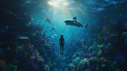 Fototapeta premium Undersea view of a woman swimming amongst diverse sea life.