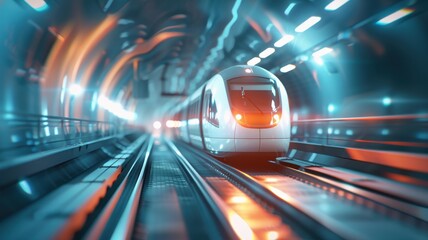 Fototapeta premium A futuristic train speeds through a brightly lit tunnel, showcasing motion blur and vibrant colors.