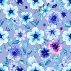 Obraz premium Blue Floral Watercolor Seamless Pattern: A serene and delicate watercolor pattern featuring a soft blue background adorned with a playful arrangement of blue and purple floral blooms.