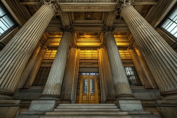 This photo captures the grandeur of a large room with towering columns and a stunning skylight, A Neoclassical courthouse with massive columns, AI Generated